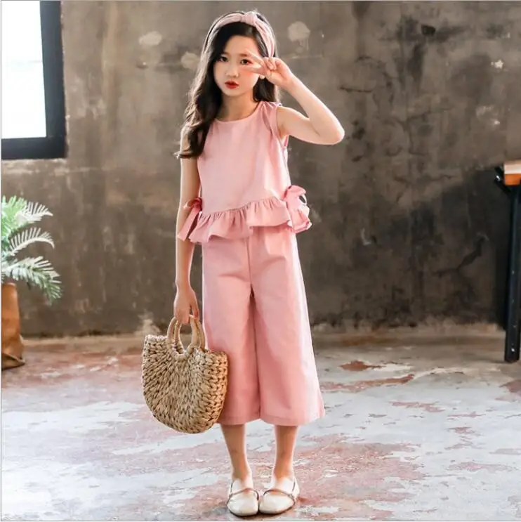 Комплект для девочек подростков Однотонная футболка с оборками и брюки широкими