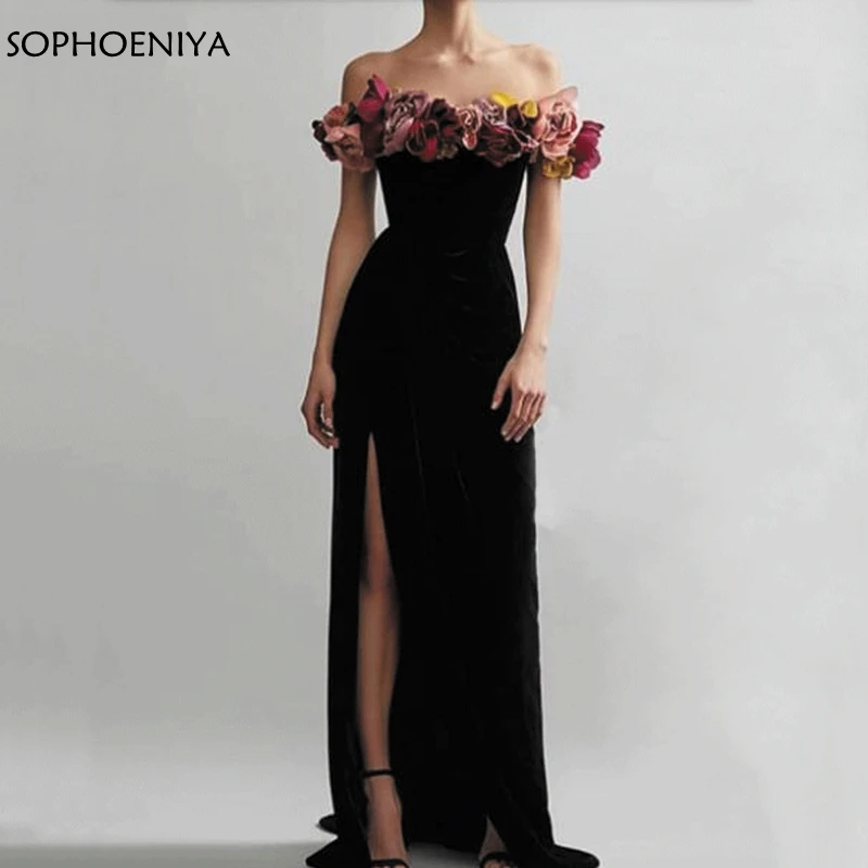

Женское прямое длинное вечернее платье, черное элегантное официальное платье с цветными цветами и высоким разрезом, 2021