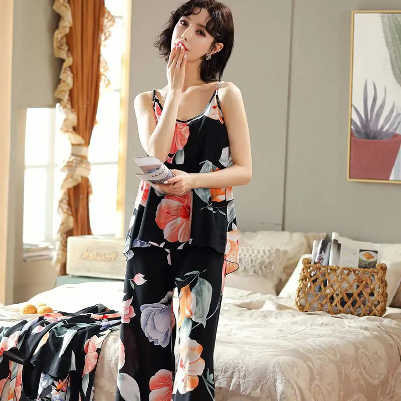 

New 2021 2Pieces Women Pajamas Sets Cotton Print Home Wear Clothing Spaghetti Strap Sleep Lounge Pijama Nightwear Pyjamas Set