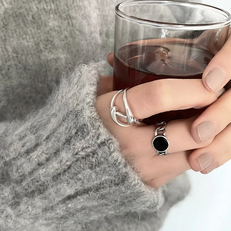 

FMILY Minimalist 925 Sterling Silver Black Round Ring Retro Fashion Wild Hip-hop Geometric Jewelry for Girlfriend Gifts