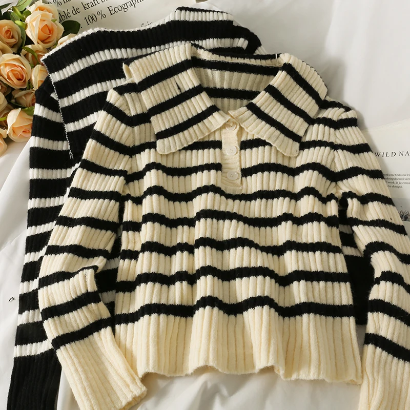 

Korean casual striped slim lapel long-sleeved sweater women Pullovers 2021 new wild autumn sweater pullovers female jumper