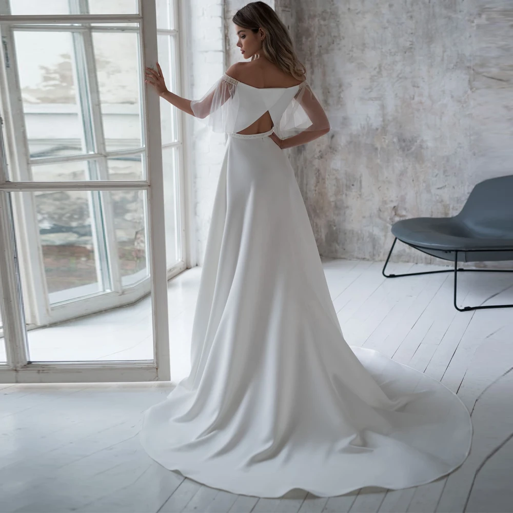 

Vestidos Elegant Wedding Dresses Jersey Sashes Pearls Square Collar Half Sleeve Zipper A-Line Bridal Gowns