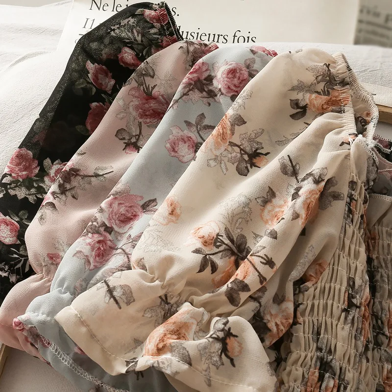 

Jlong Sweet Floral Print Chiffon Blouse Women Casual Slash Neck Shirt Blouses