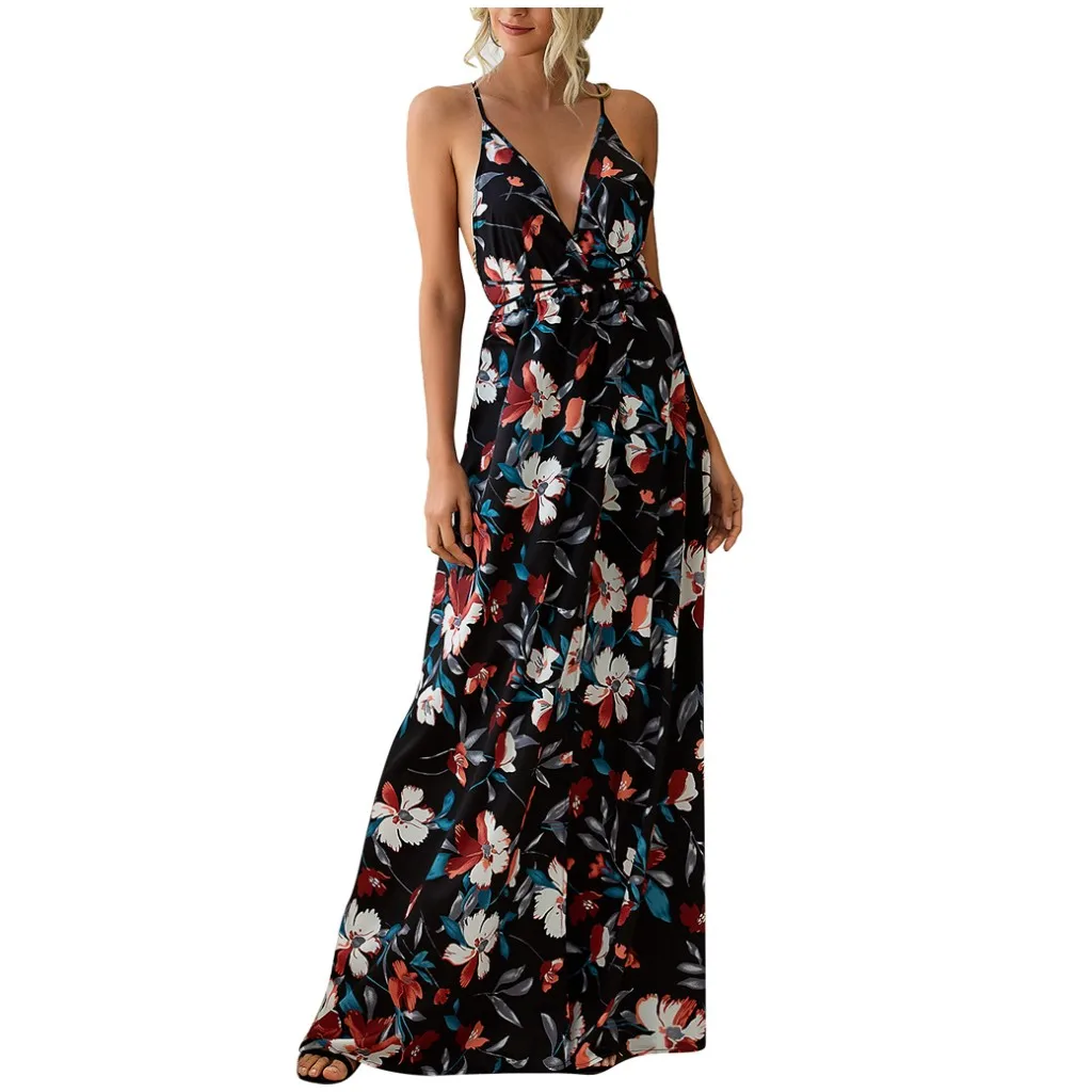 

40# Women Summer Dresses Sexy V Neck Floral Print Wrap Straps Tie Waist Split Backless Dress Woman Party Night Dress Vestidos