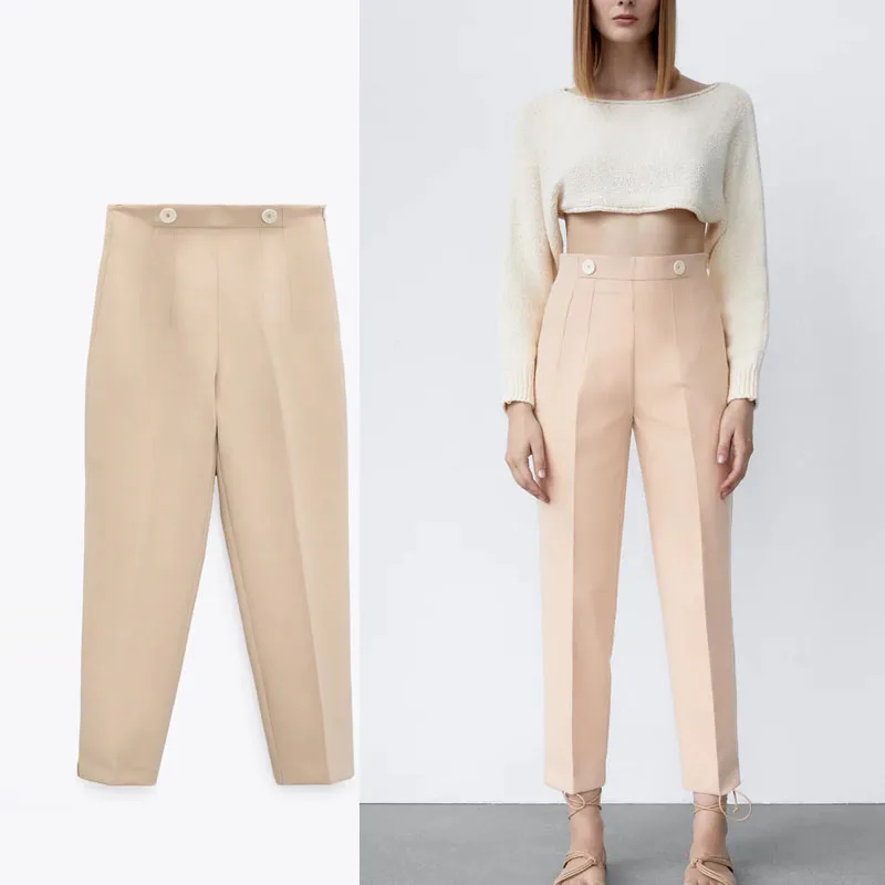 

Женские брюки на пуговицах Za, элегантные облегающие брюки с высокой талией, шикарные осенние брюки с крупными швами, 2021