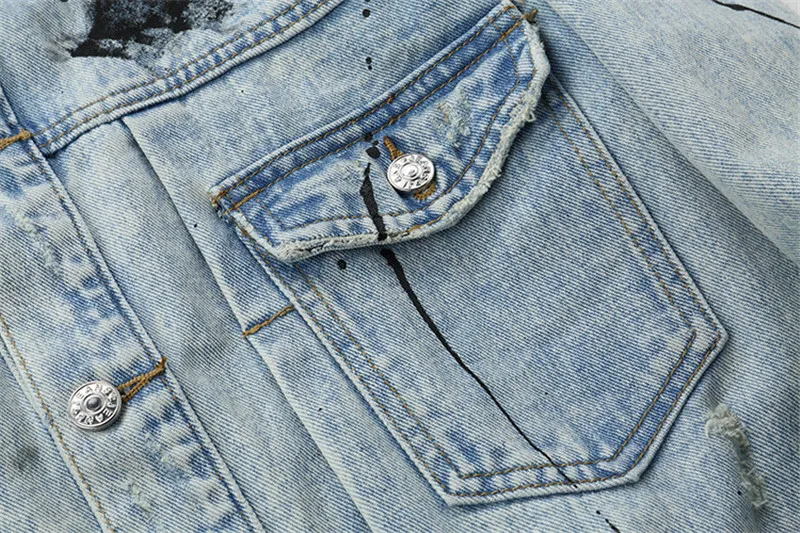 

KIMSERE Men Hi Street Hip Hop Jean Jackets Pattern Printed Ripped Denim Jacket Outerwear With Holes Fashion Streetwear Tops