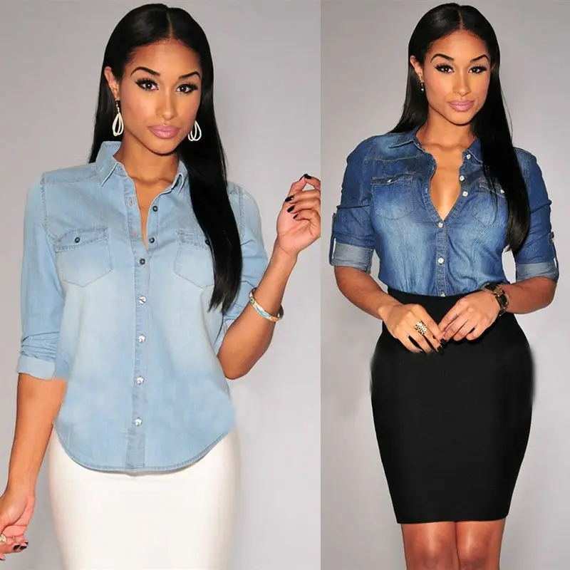 Блузка женская джинсовая Повседневная Свободная приталенная рубашка из денима с