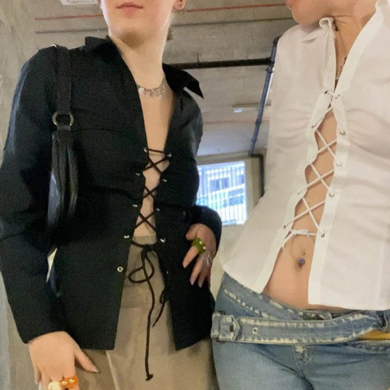 

Streetwear Casual Front Ribbed Tshirts Casual Turn-down Neck Tops Tee Long Sleeve Korean Chic Aesthetic Outfits Cuteandpsycho