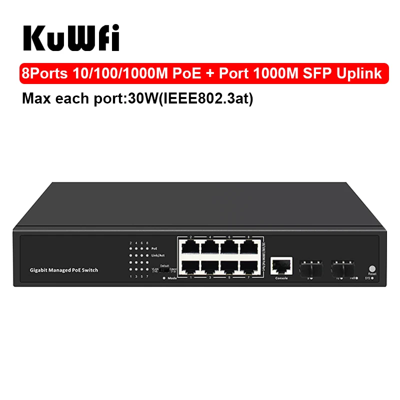 KuWFi гигабитный POE коммутатор 4/8/16/24 порты 10/100/1000 Мбит/с IEEE802.3AF/AT Стандартный RJ45