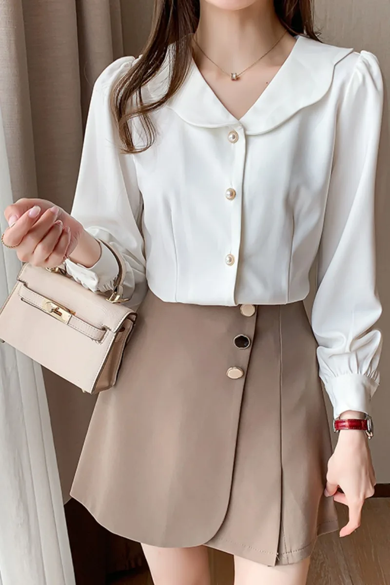 

Spring French Retro Doll Collar White Shirts Women Long Puff Sleeve OL Style Bottoming Tops Female Fashion Blouses Mujer Blusas