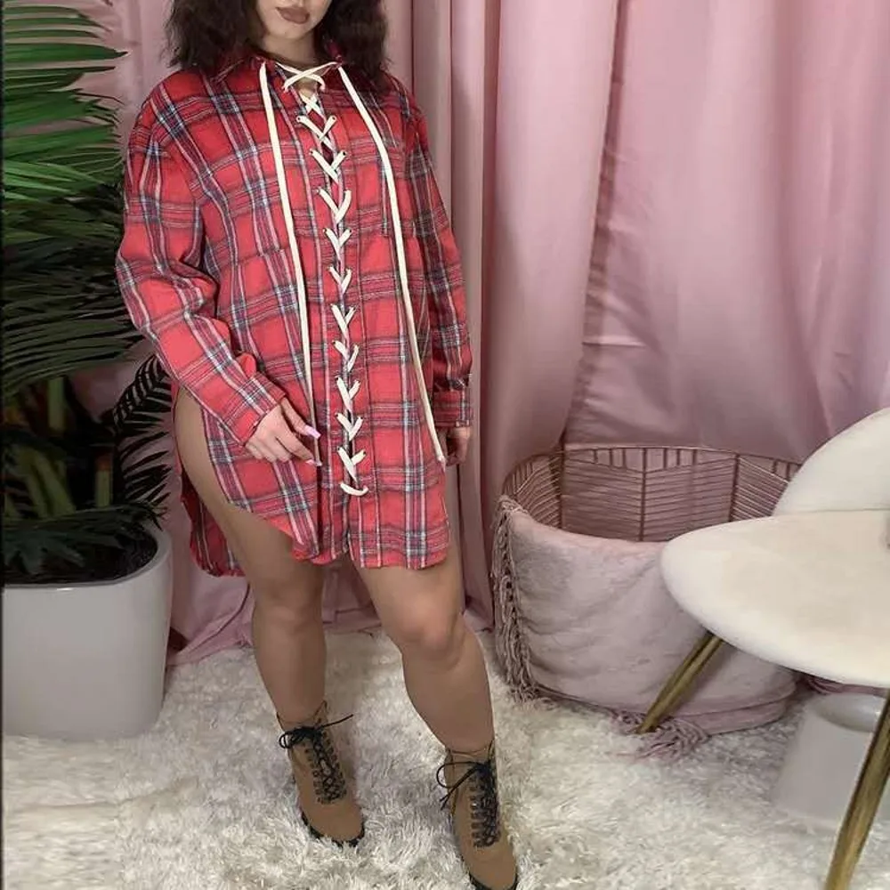

Red Plaid Long Sleeve Shirt Dress Fashion Casual African Women's Loose Slim Short Skirt 2022 Spring Single Breasted Lapel Top XL
