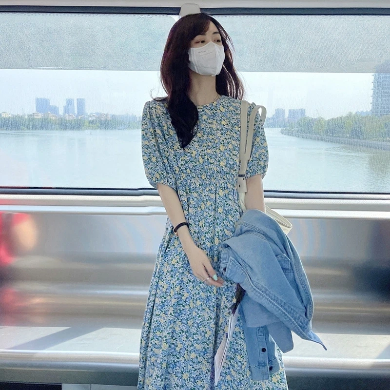 

Summer Plus Floral Women Dress A-Line Short Sleeve Casual Beach Sundress Chiffon Blue Femal Clothe