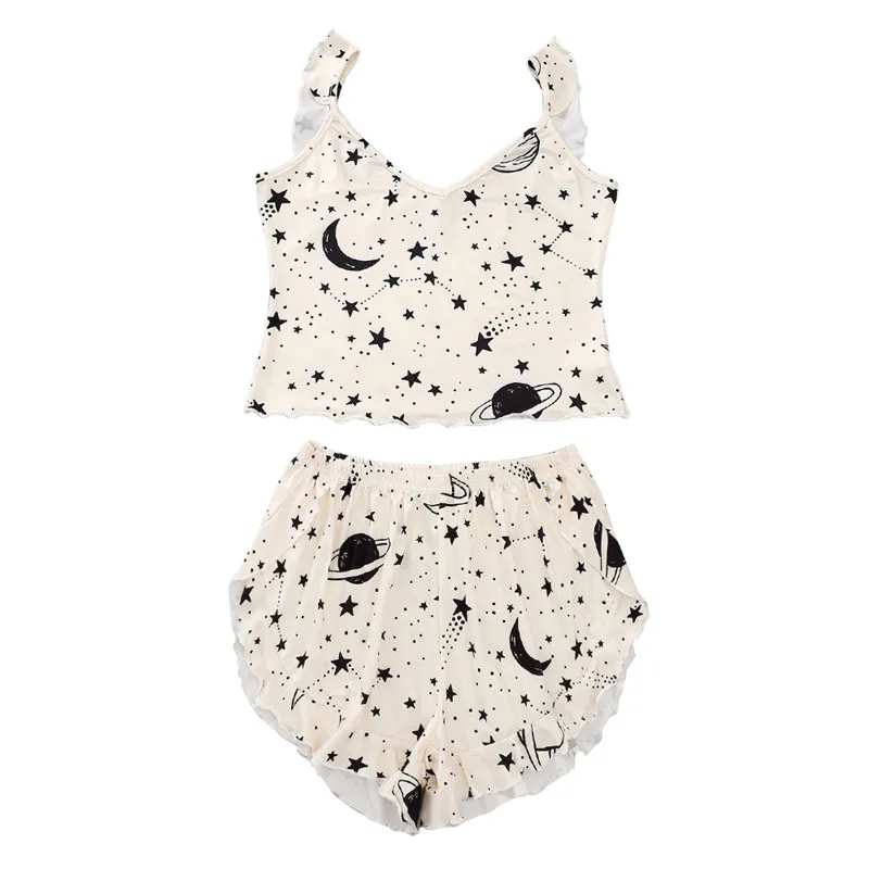 

Женская одежда для сна с принтом звезд, спортивный костюм, укороченный топ и шорты, Пижама