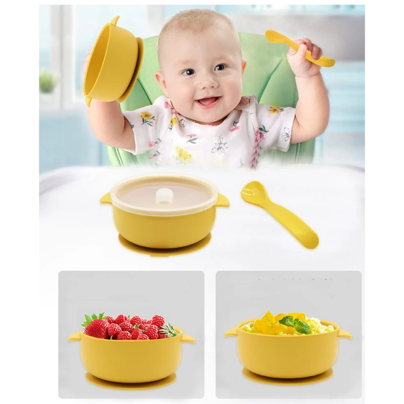 

2 Pcs BPA Free Silicone Waterproof Baby Suction Bowl with Lid Training Spoon Set Non-Slip Learning Feeding Food Dish