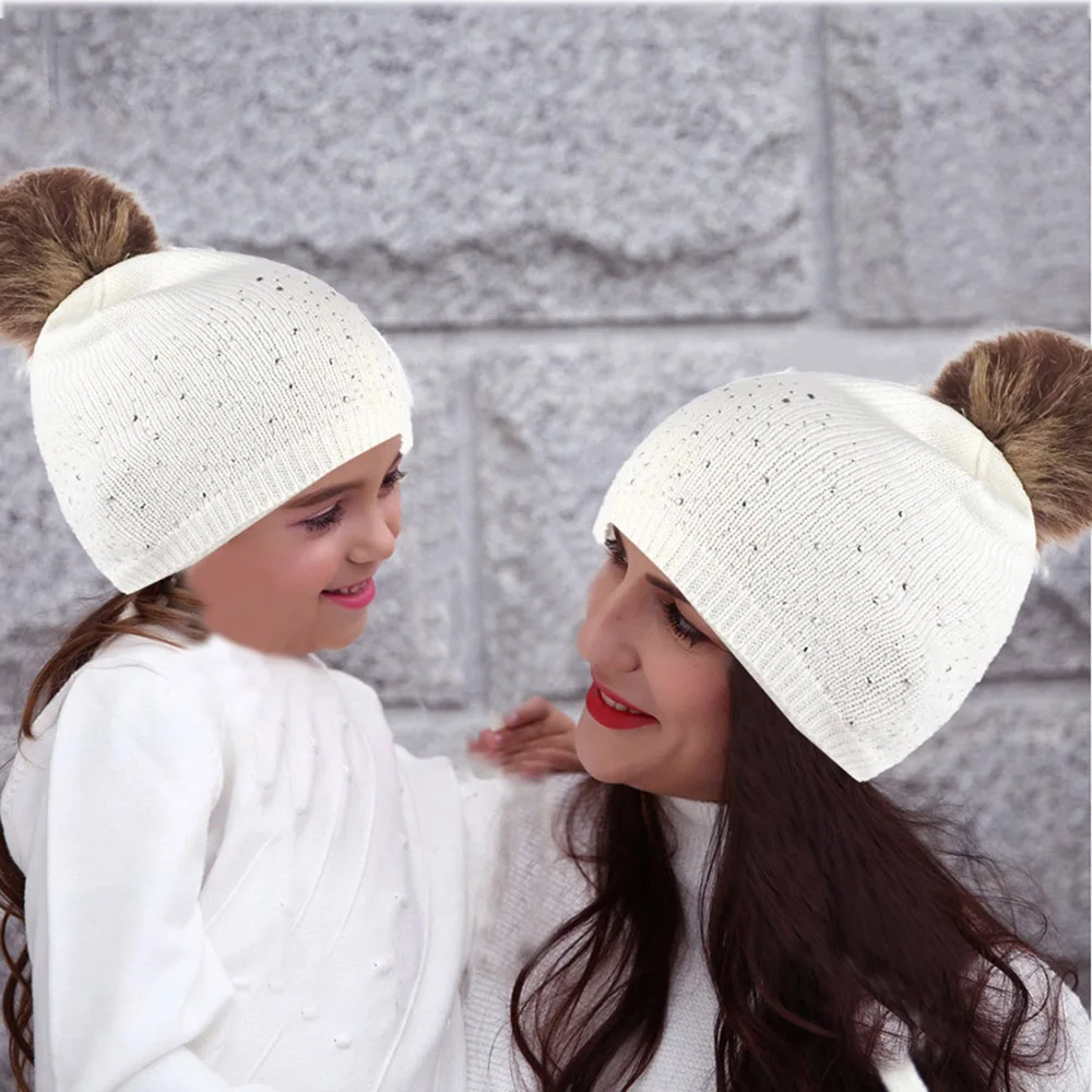 Детская шапка для родителей и детей зимние теплые вязаные шапки с помпонами