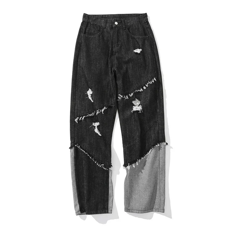 

2021 Fashion 2021 Spring New Raw Hem Ripped Jeans Men's 's High Street Loose Stitching Wide Leg Daddy Pants
