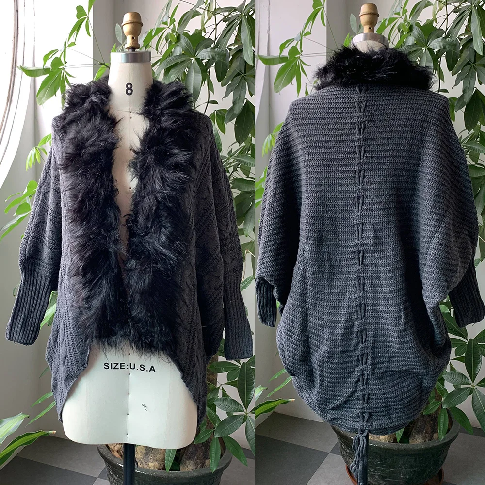 Женский вязаный кардиган с воротником из искусственного меха Теплый Свитер