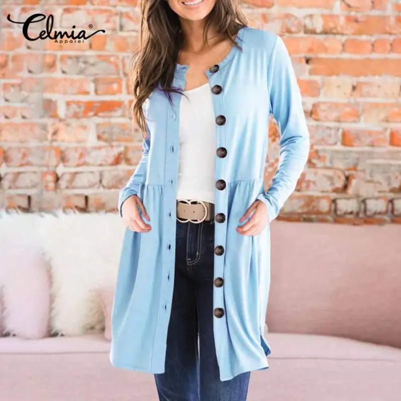 

2021 модное однотонное пальто на пуговицах Celmia, осенние пальто, зимний женский вязаный кардиган, Повседневная Свободная Женская верхняя одеж...