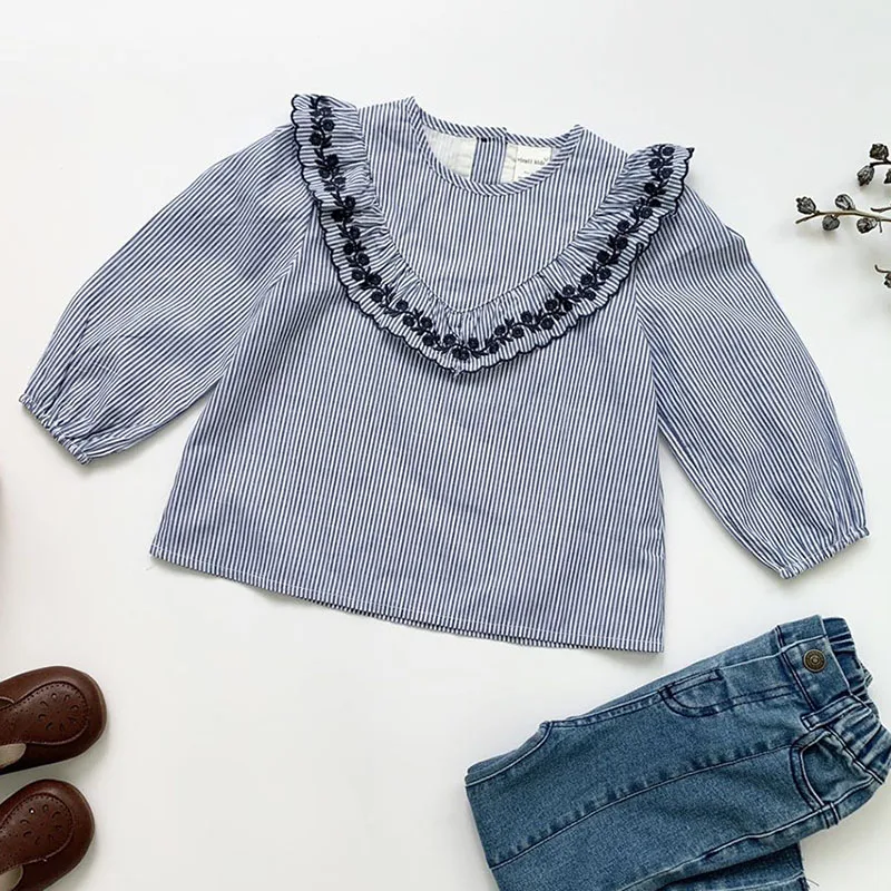 

New 2021 Spring Autumn Kids Girl Long Sleeve Blue Stripes Shirt Infant Baby Girl Newborn Shirt Clothes Baby Girl Shirt