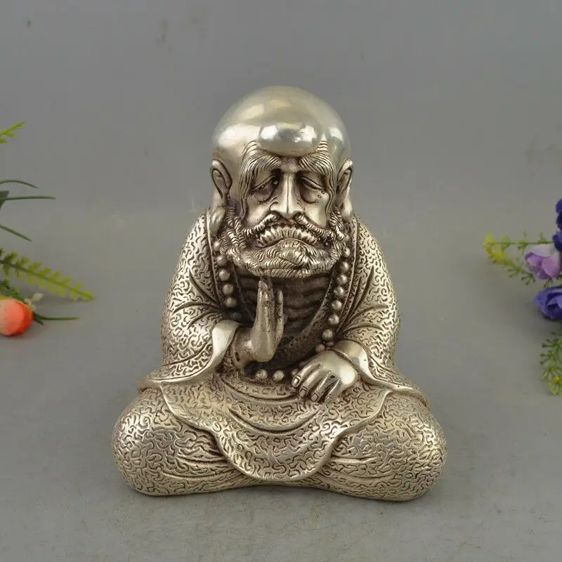 Chinese Buddhism Silver Sit Arhat Damo Bodhidharma Dharma Buddha Statue | Дом и сад