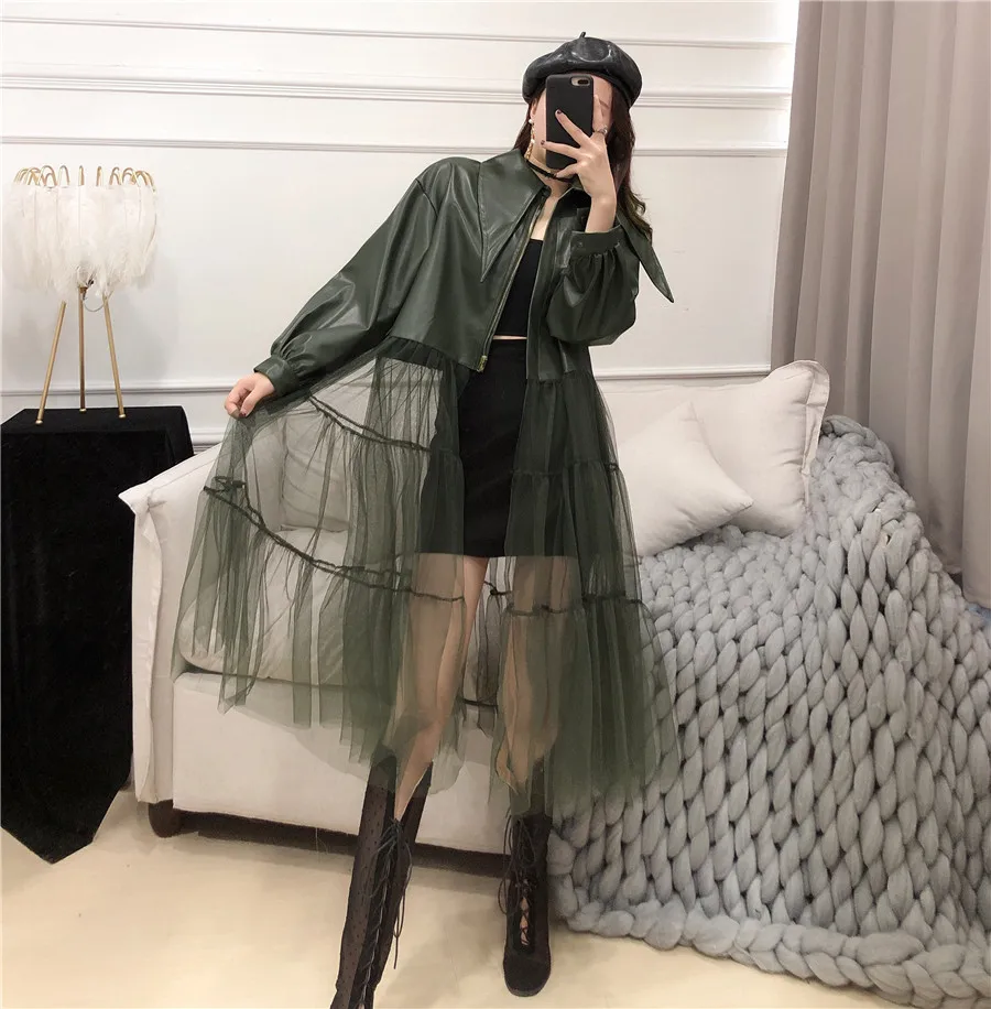 WHITNEY WANG осенне-зимняя модная уличная сетчатая юбка Лоскутная куртка из искусственной кожи женское пальто из искусственной кожи