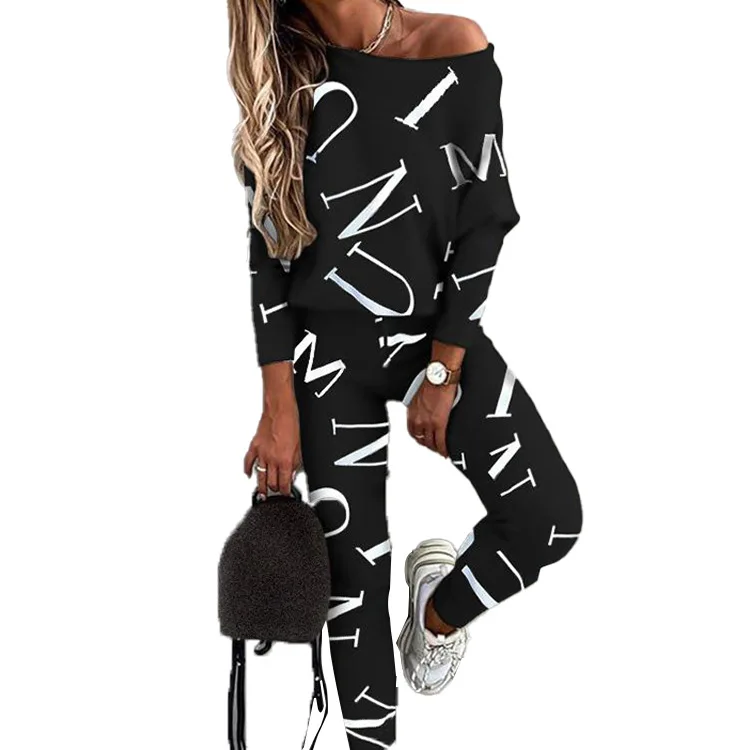 

Для женщин; Комплект из 2 предметов; Комплекты с буквенным принтом, с рукавами «летучая мышь»; Комплект из топа с открытым плечами и штаны дли...