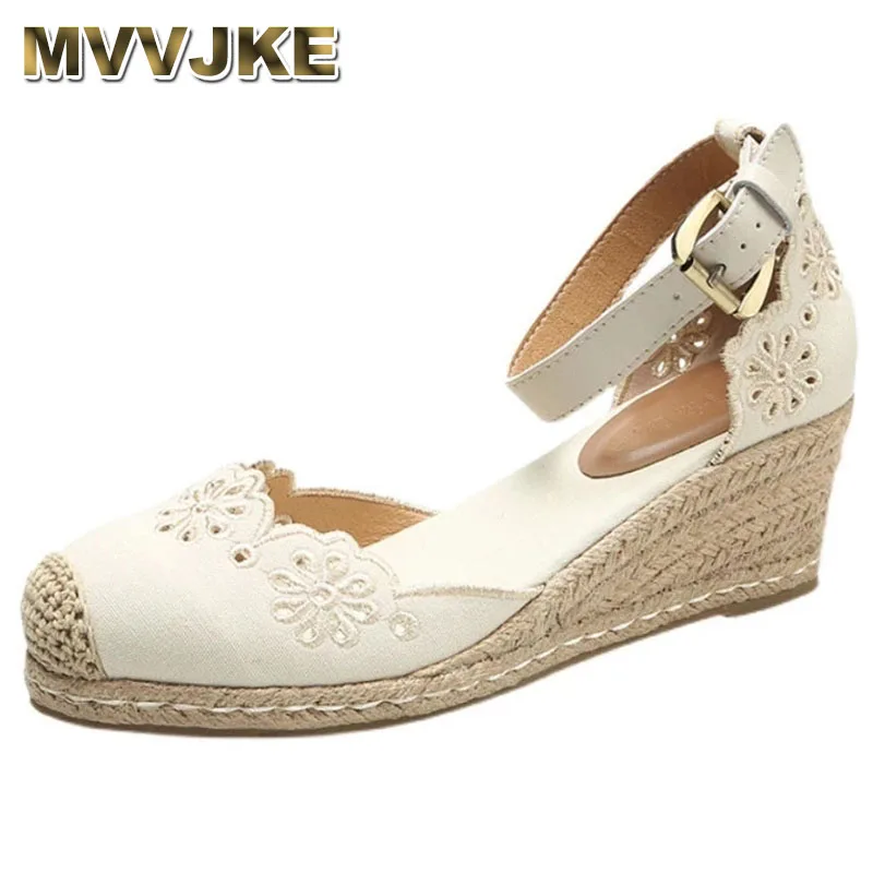 

Женские сандалии на танкетке MVVJKE, элегантная обувь на высоком каблуке, эспадрильи с ремешком на щиколотке, удобные босоножки с веревочной п...