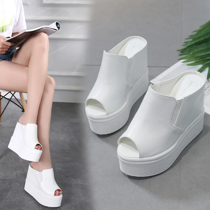 2020 Summer New Fashion Sexy Fish mouth Non-slip Sponge cake Wedges Thick bottom Shallow Slides Solid Outside 13cm High Heels