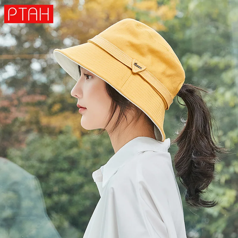 

[PTAH] Fashion New Bucket Hats Women's UPF 50+ Cloth Cap Foldable Windproof Rope Beach Hats Breathable Sun Protection Cap Female