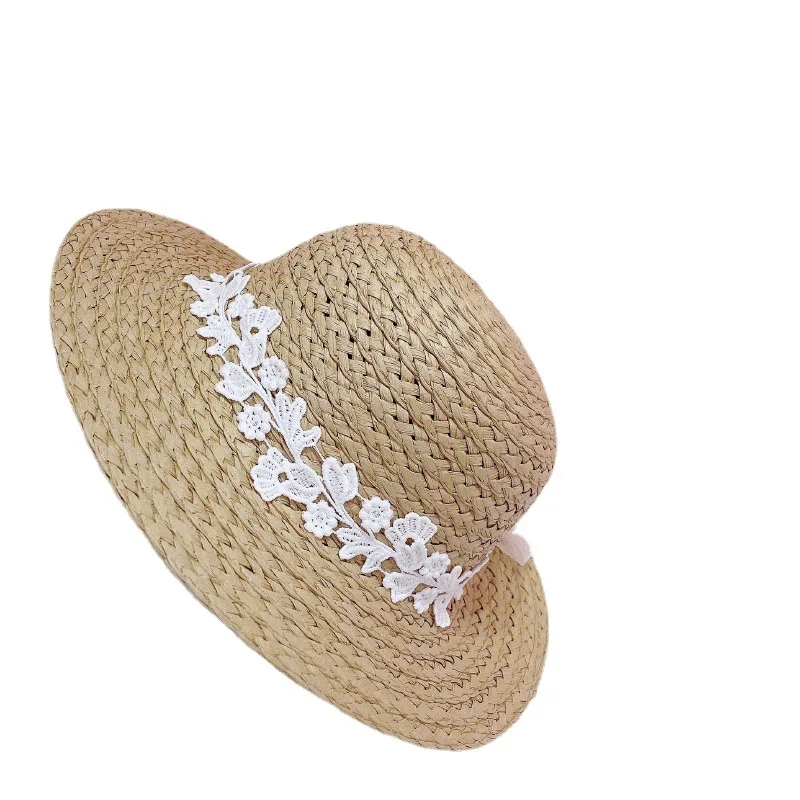 

Summer Flower Net Yarn Children's Straw Hat Breathable Lace Hat Bowknot Beach Sun Hat Wide Brim Children Princess Travel Sun Hat