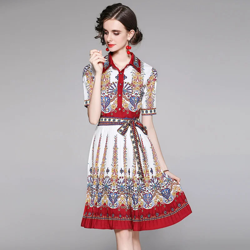 

Women Summer Designer Elegant Pleated Dress Fashion Short Sleeve Casual Party Robe Female Vintage Printed Shirt Dress Vestidos