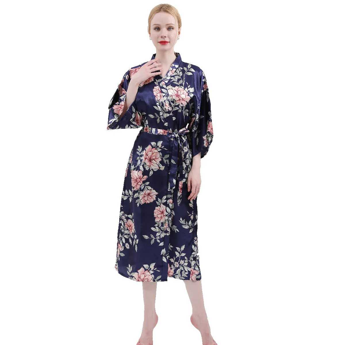 

Women Print Floral Kimono Bathrobe Gown Silky Satin Robe Casual Femme Sleepwear Loose Nightgown Intimate Lingerie Nightdress