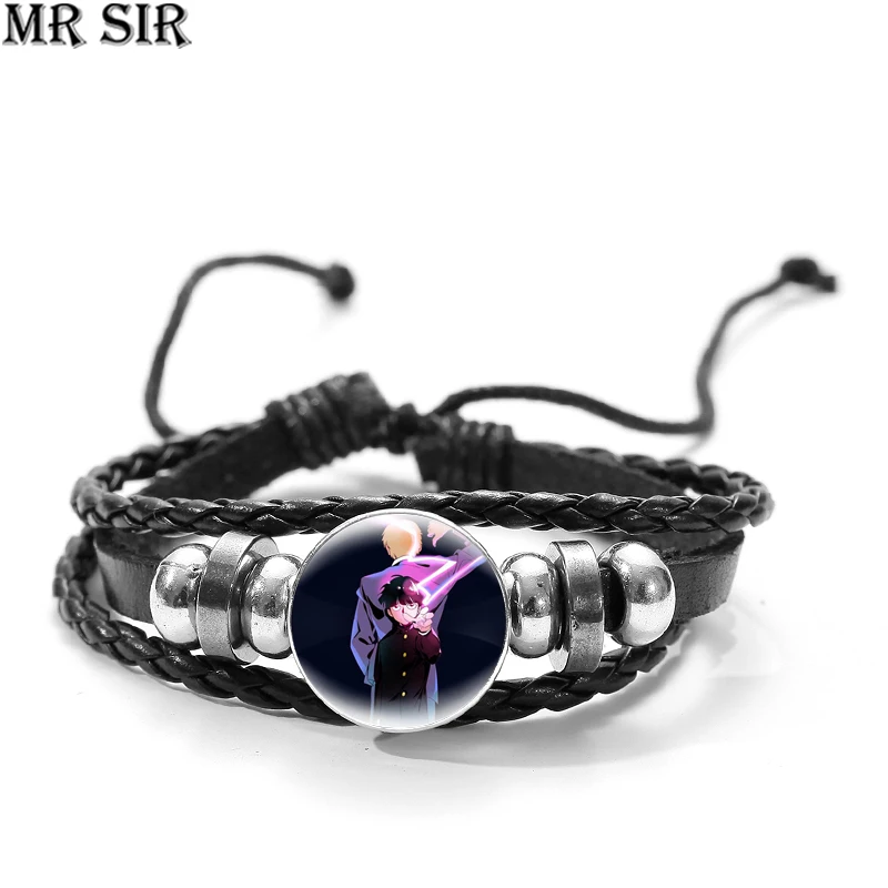 

Anime Mob Psycho 100 Bracelet Mobu Saiko Hyaku Figure Cartoon Bangle Glass Cabochon Snap Button Multilayer Leather Bracelets Toy