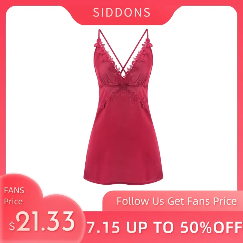 

SIDDONS Sexy Lace Up Backless Cross Strap Nightwear Women Satin Nightdress Summer Hollow Deep V Flower Embroidery Nightgown Wome