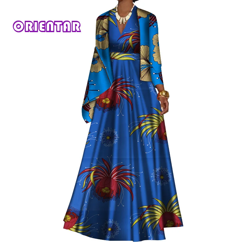 African Clothes For Women Long Dresses with Jacket Coat Bazin Riche African Print Elegant Deep V Neck Evening Party Dress WY491