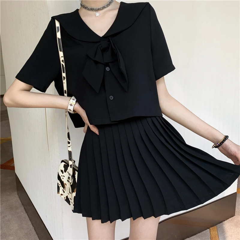 Студенческая девочка 2020 Летний новый японский топ с бантом + плиссированная юбка