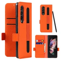 creative genuine litchi leather card s pen slot flip case for samsung galaxy z fold 3 magnetic buckle stand holder wallet cover