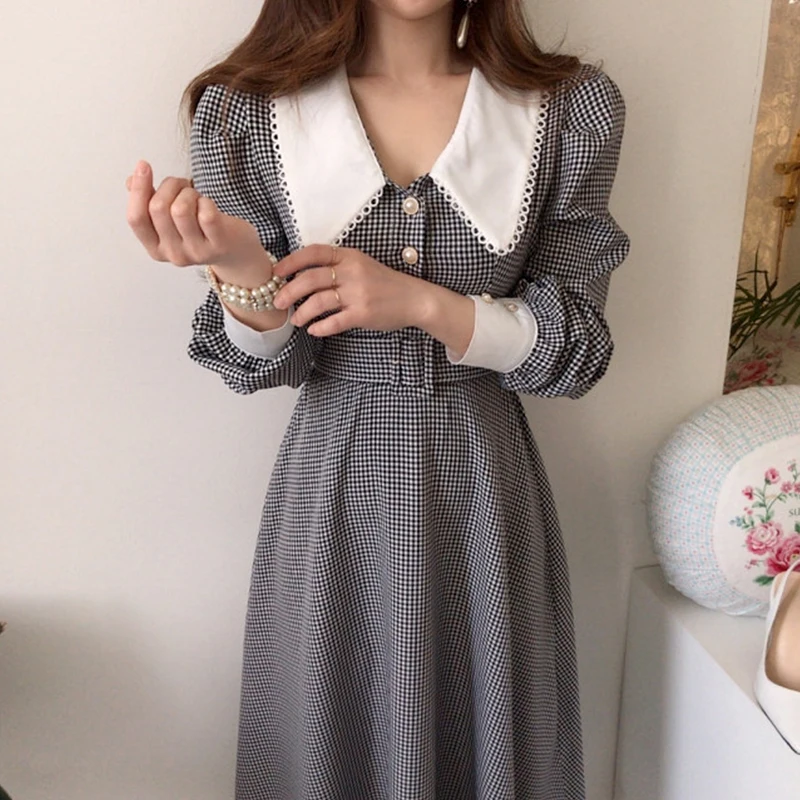 

Autumn Women Vintage Long Sleeve Casual Mid-calf Dress Elegant Plaid Femme Party Vestidos With Sashes