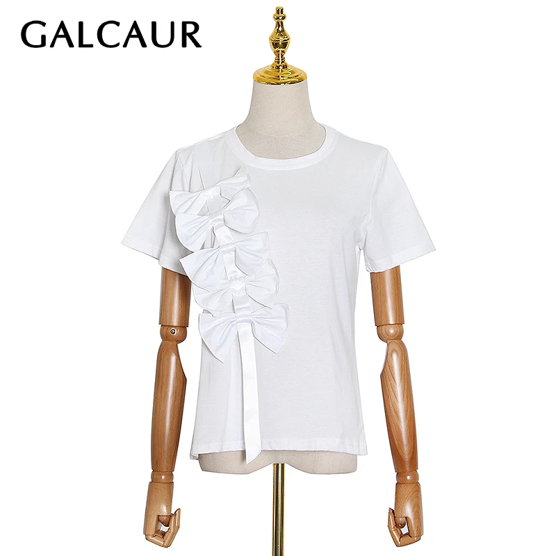 

GALCAUR Korean Casual Women's T Shirt O Neck Short Sleeve Patchwork Bowknot Large Size T-shirt Female 2020 Summer New Clothes