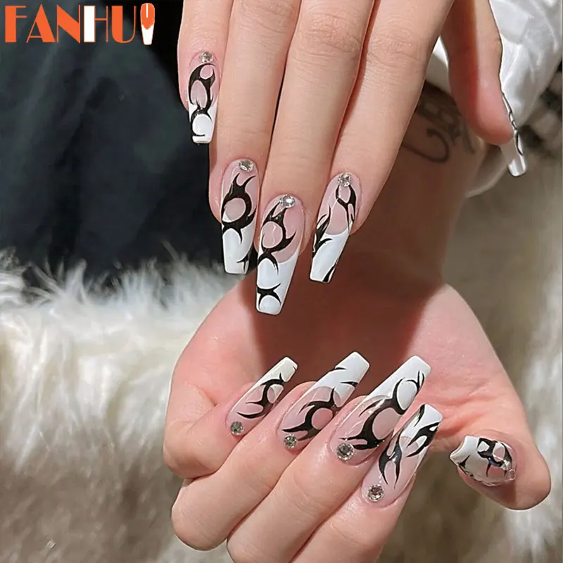 Длинные накладные ногти в виде гроба 24 шт. Черные искусственные с клеевым прессом