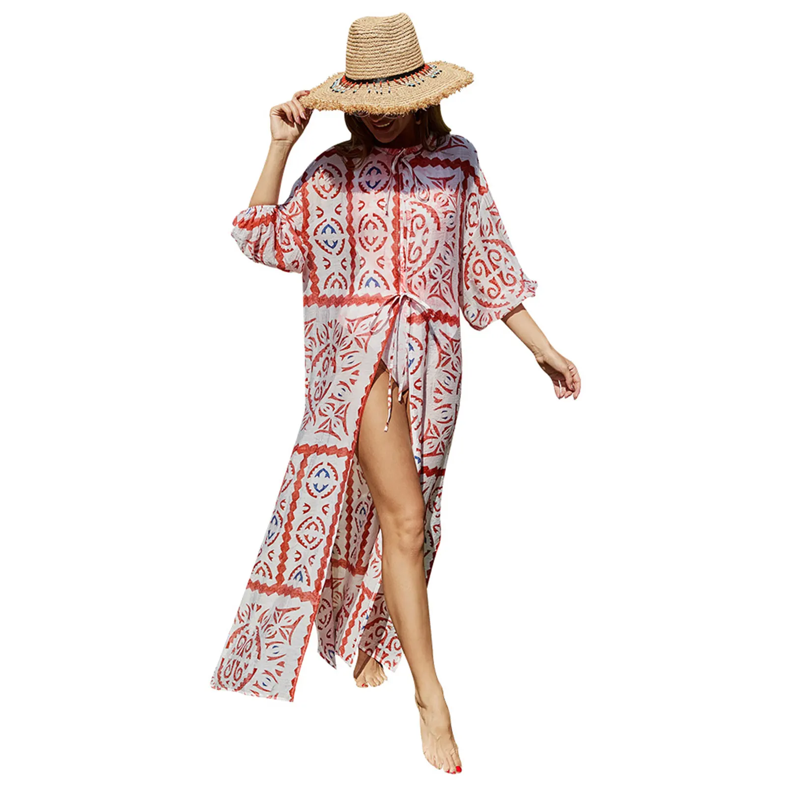 

Bohemian Printed Swim Suit Cover Up Female Beach Dress Long Sleeve Cardigan Smock Bikini Cover Ups for Summer Beach Wear