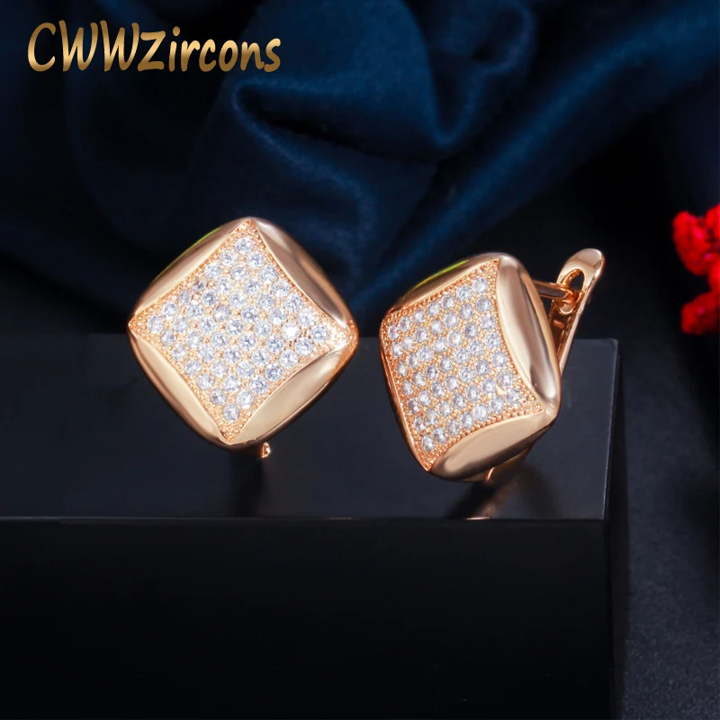 

CWWZircons Shiny 5A White Cubic Zircon 585 Gold Color Rhombus Huggie Dangle Earrings for Female Trendy Fine Jewelry CZ796
