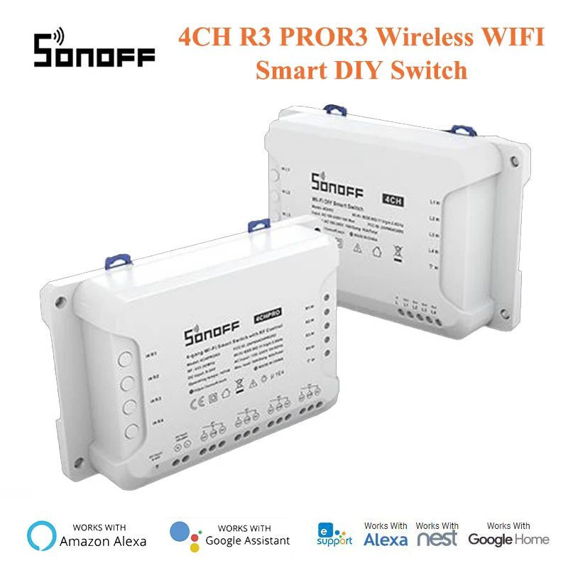 

Sonoff 4CH R3 PROR3 Wireless WIFI Smart DIY Switch 4 Channel Din Rail Mounting,Remote/Voice Control Work with Alexa Google Home