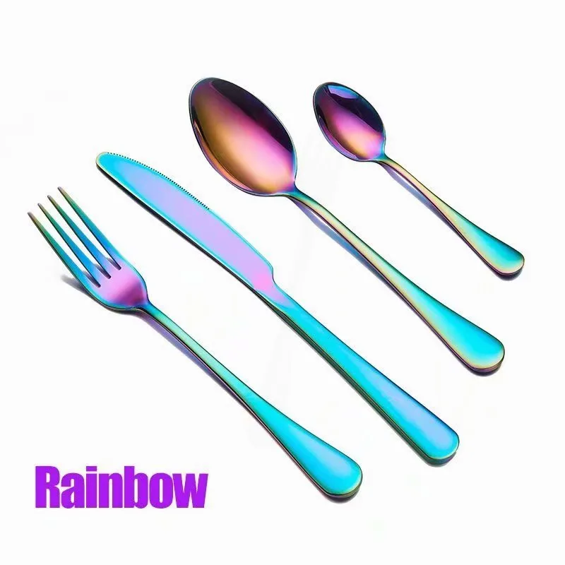 

Rainbow Tableware Set Stainless Steel Cutlery Set Spoon Fork Knife Dinner Set Complete Mirror Dinnerware Kitchen Tableware