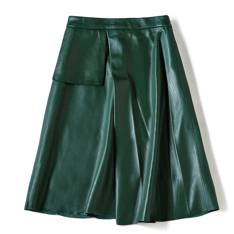 

OL Style Natural Leather Midi Skirt Women Elegant High Waist Sheepskin A-Line Skirts Lady Designer Splice Khaki Skirt M-2XL