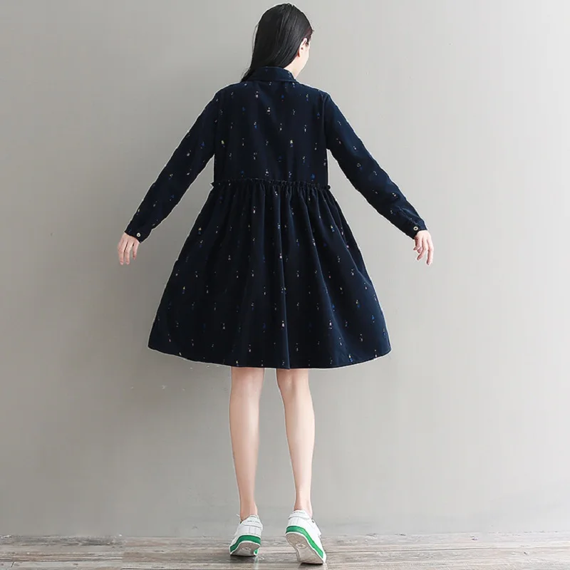 

Mori Girl Spring Autumn Women Cute Dress Turn Down Collar Character Print Female Elbise Full Sleeve Vintage Corduroy Dress M-2XL