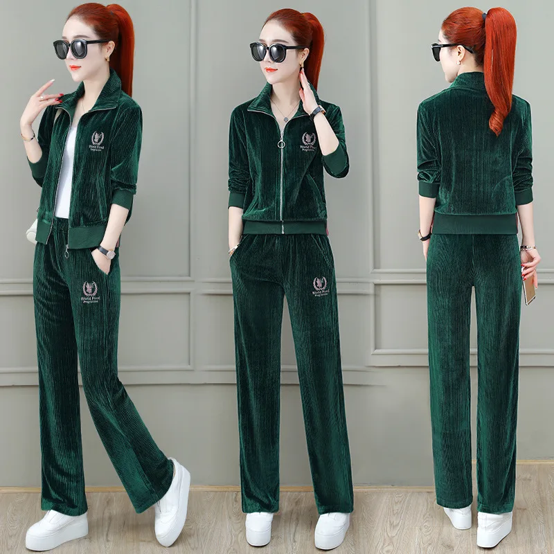 Осенний Женский бархатный комплект из двух предметов спортивный костюм велюр