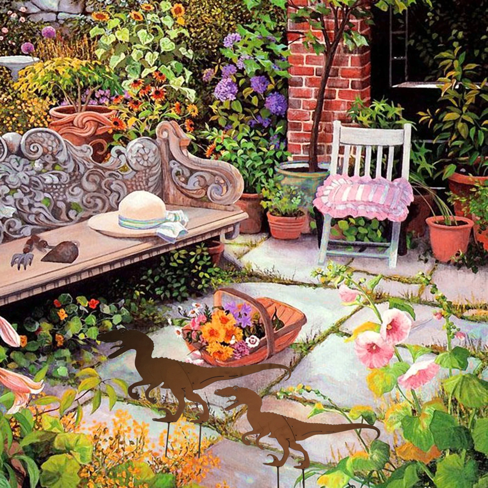 Силуэт динозавра металлический садовый колышек украшения для сада набор из 2