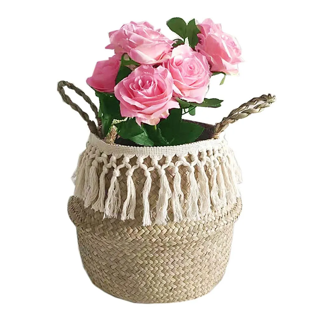 

Seagrass Wicker Basket Flower Pot Folding Pastoral Creative straw Living Room Storage Baskets Home Decoration Accessories