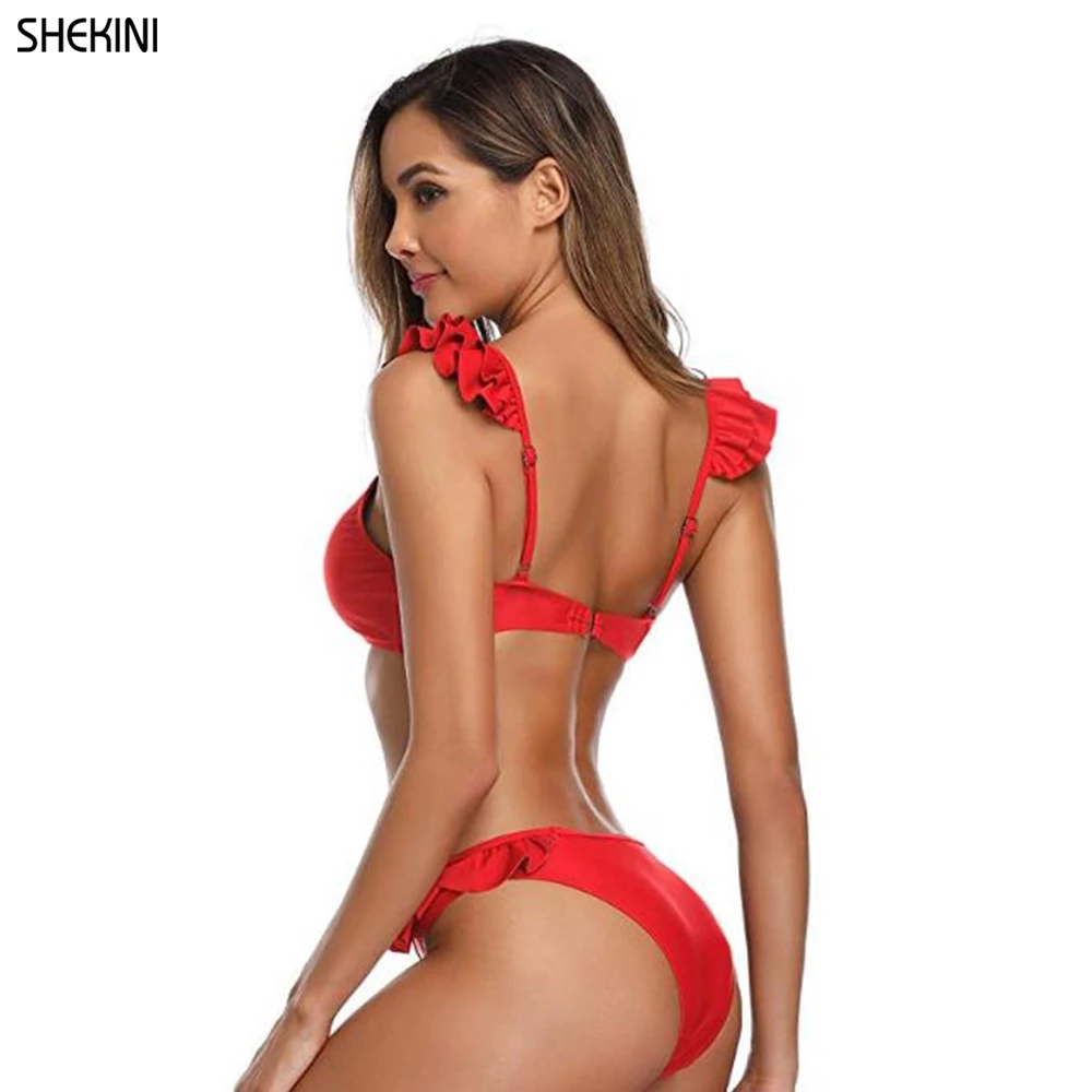 SHEKINI, v-образный вырез, Цветочный бикини, верх, подкладка, комплект бикини, низкая талия, сзади, застежка, два предмета, купальник, пляжный купальник, купальник